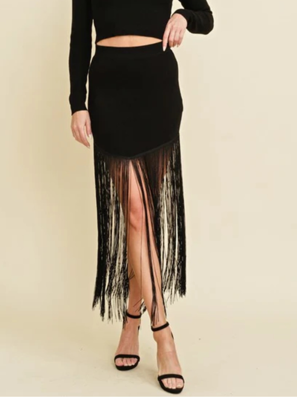 Black Fringe Maxi Skirt - Sleek Evening Style